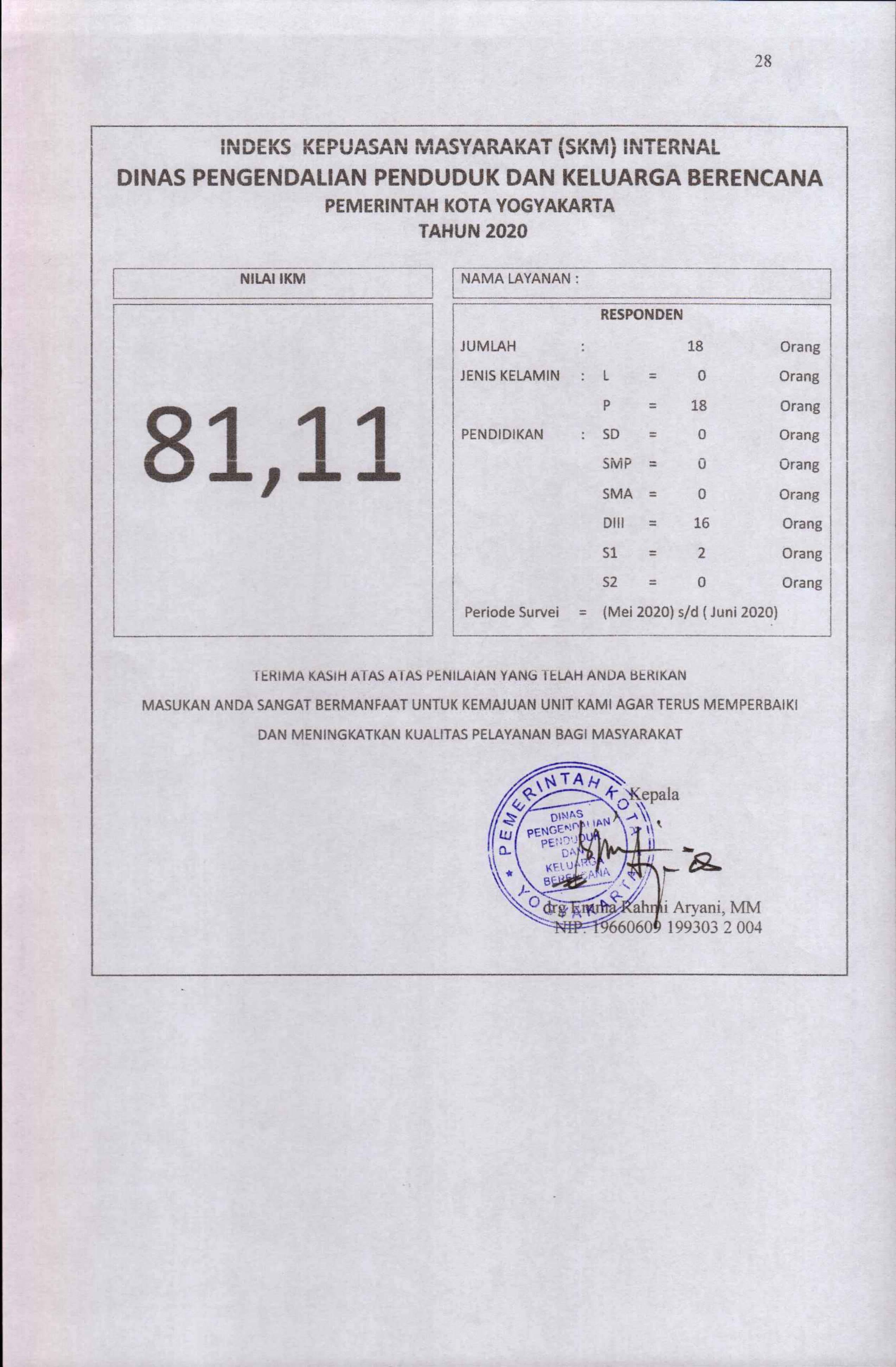 Indeks Kepuasan Masyarakat ( SKM ) Internal DPPKB Kota Yogyakarta