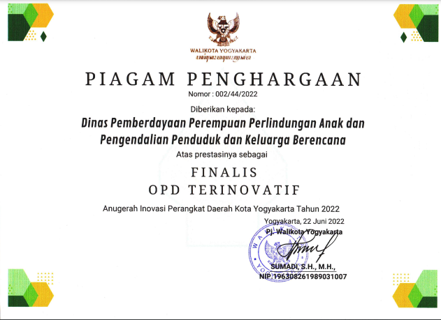 DP3AP2KB Kota Yogyakarta Memperoleh Penghargaan OPD Terinovatif